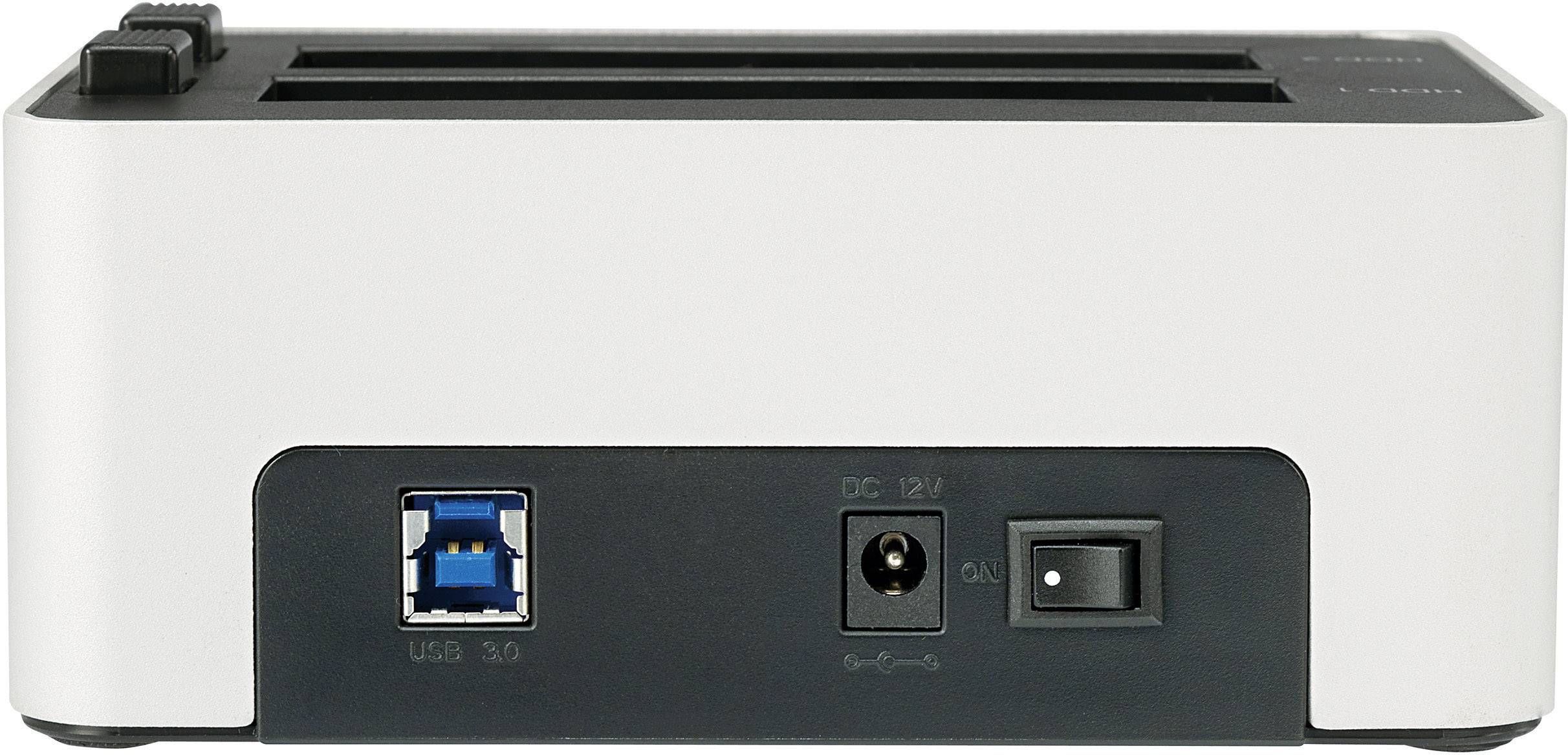 'Externe harde schijf dockingstation met USB 3.0-poort, voedingsaansluiting en netschakelaar. Zwart en wit oppervlak.'