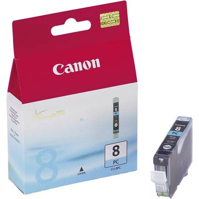Canon inktpatroon CLI-8PC, cyaan, naast een rode verpakking. Verpakking toont productafbeelding en nummer '8 PC'.