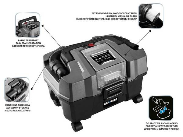 GRAPHITE 58GE105 Stofzuiger 18V 10 L Zonder Batterij