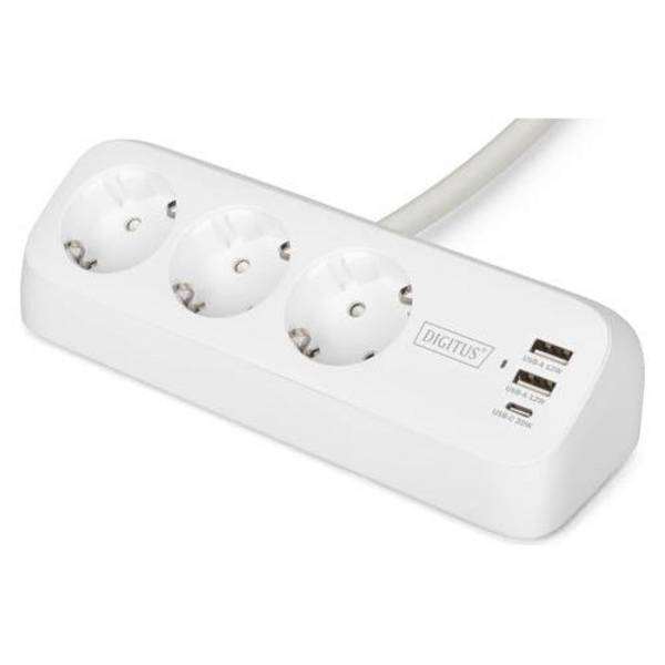DIGITUS 3-Weg Kantoor Stekkerdoos met 2x USB-A en 1x USB-C Poorten, Wit (DA-70626) 3-way