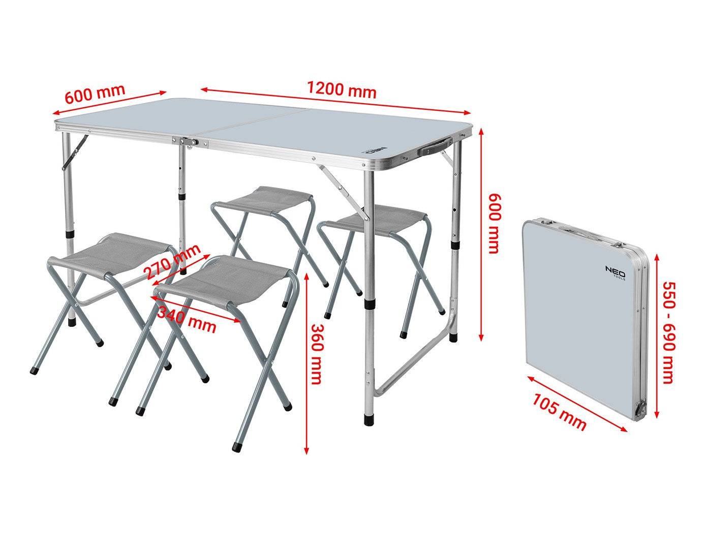 Camping Set Tafel & 4 Stoelen Vouwbaar in Koffer NEO TOOLS 63-159-4