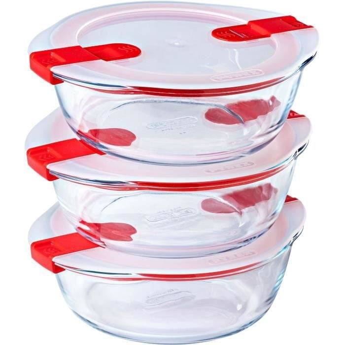 PYREX Set van 3 Lunchdozen - Cook & Heat - Glas - Rond - Luchtdichte Deksel met Stoomventiel - 1,1 L-0