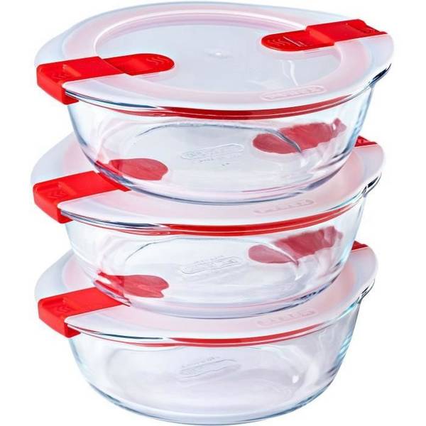 PYREX Set van 3 Lunchdozen - Cook & Heat - Glas - Rond - Luchtdichte Deksel met Stoomventiel - 1,1 L
