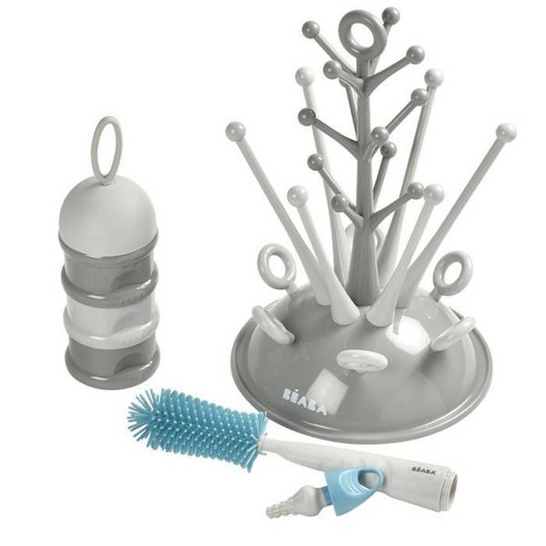 BEABA Newborn Cadeauset - Grijze Boom Flesdroger, Meetbox, Flesborstel, Slabbetje