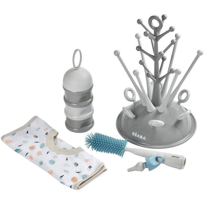 BEABA Newborn Cadeauset - Grijze Boom Flesdroger, Meetbox, Flesborstel, Slabbetje-1