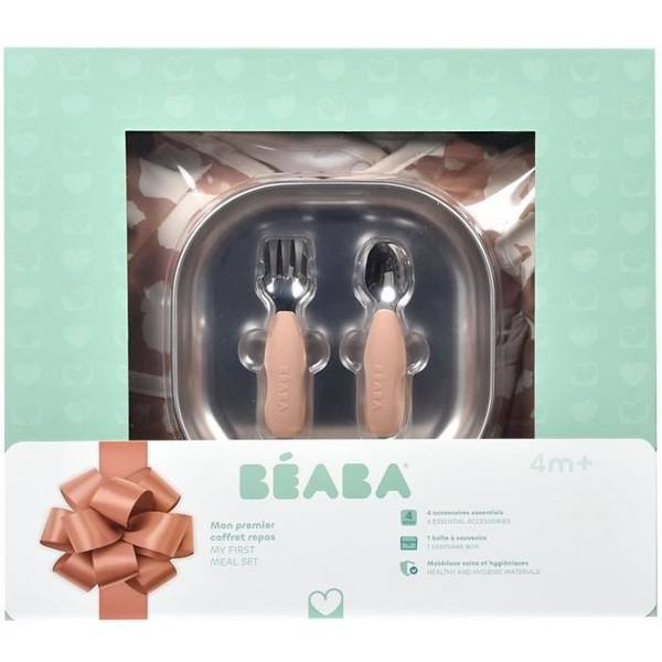 BÉABA 1e Maaltijd Cadeaubox - Savannah Bloom - RVS Bord, Ergonomische Lepel, Vork, Slabbetje, Herinneringsdoos 1st