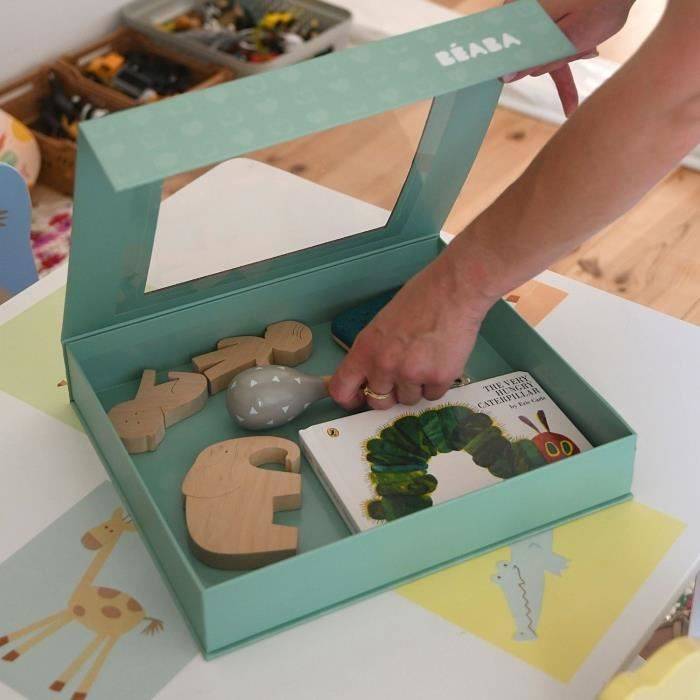 BÉABA 1e Maaltijd Cadeaubox - Savannah Bloom - RVS Bord, Ergonomische Lepel, Vork, Slabbetje, Herinneringsdoos 1st-3