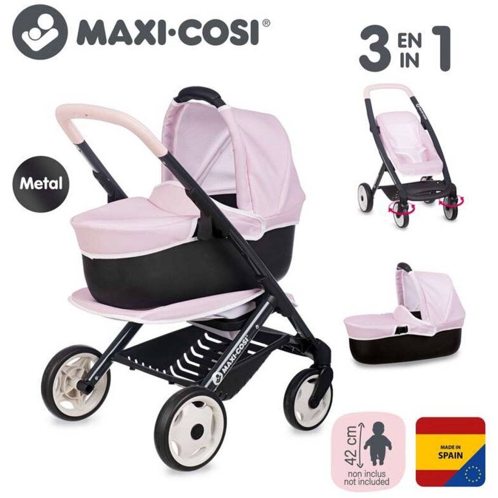 Smoby 3-in-1 Poppenwagen Zacht Roze/Zwart-1