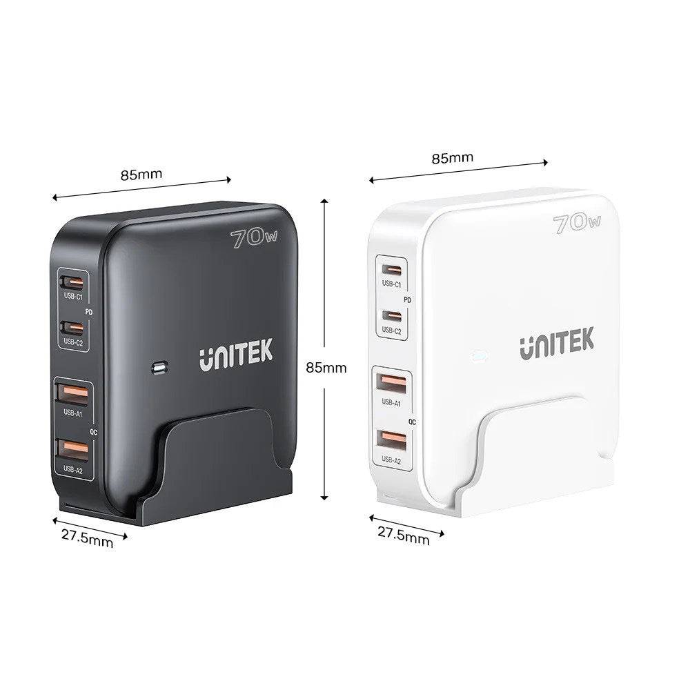 Unitek GaN Netwerkoplader - P1228ABK01-EU | 70W 2x USB-C 2x USB-A-1