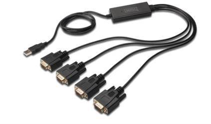 Een USB-naar-VGA-adapter met een USB-stekker en vier VGA-stekkers, geschikt voor het aansluiten van meerdere beeldschermen op één pc.