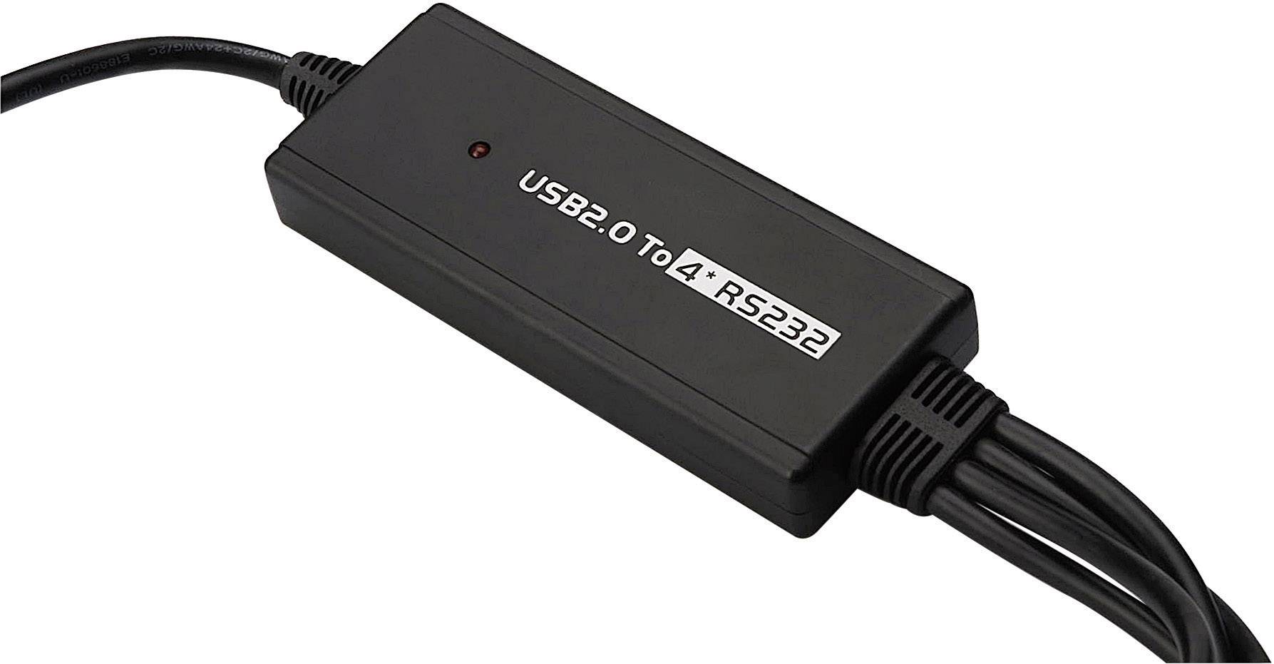 Zwarte adapter met opschrift 'USB2.0 To 4*RS232', bedoeld voor conversie van USB naar RS232-interfaces.