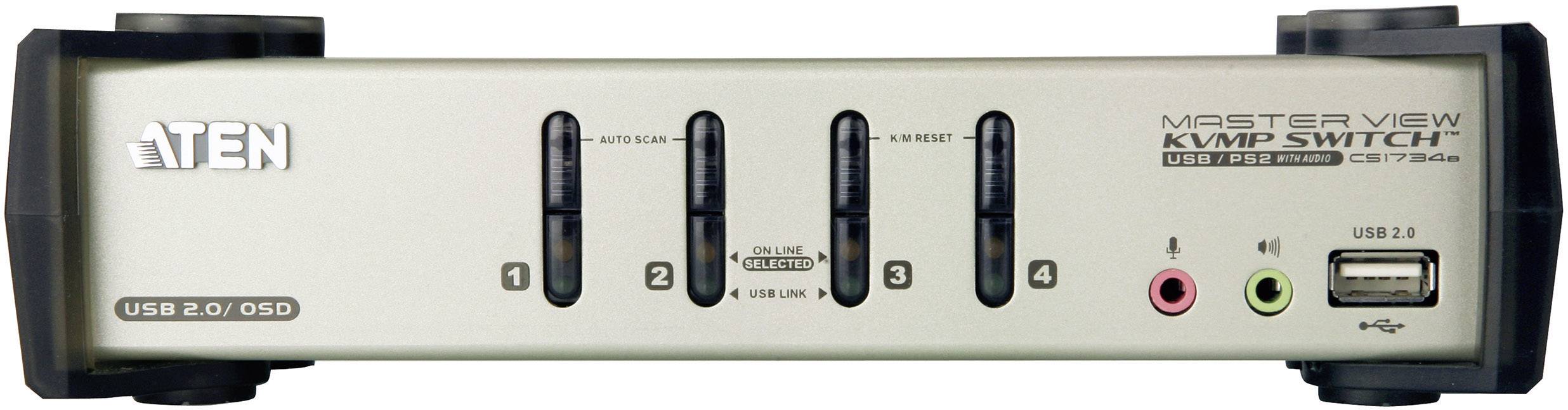 Een zilveren KVM-switch van Aten met vier knoppen voor het selecteren tussen aangesloten computers. USB- en audio-aansluitingen zijn vooraan zichtbaar.