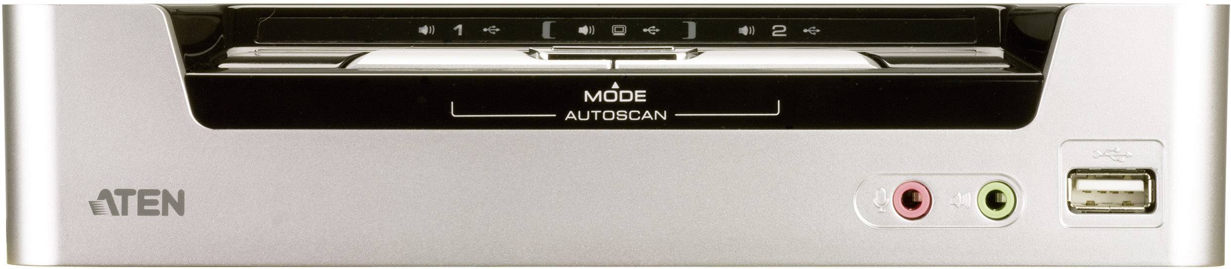 Het beeld toont de voorkant van een elektronisch apparaat, waarschijnlijk een KVM-switch, met USB- en audio-aansluitingen.