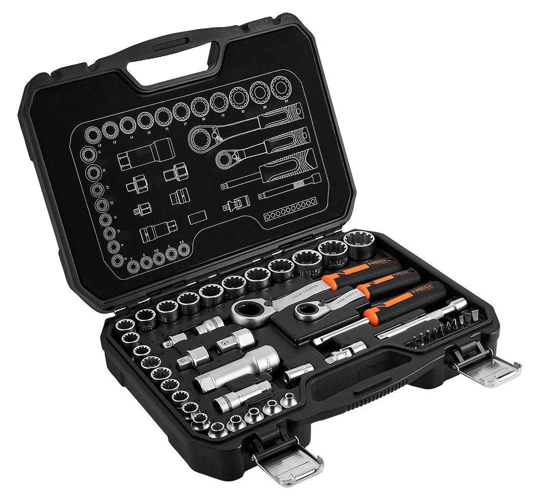 NEO 1/4" + 3/8" Doorgang Steeksleutelset 46 stuks voor Moeilijk Bereikbare Plaatsen-0