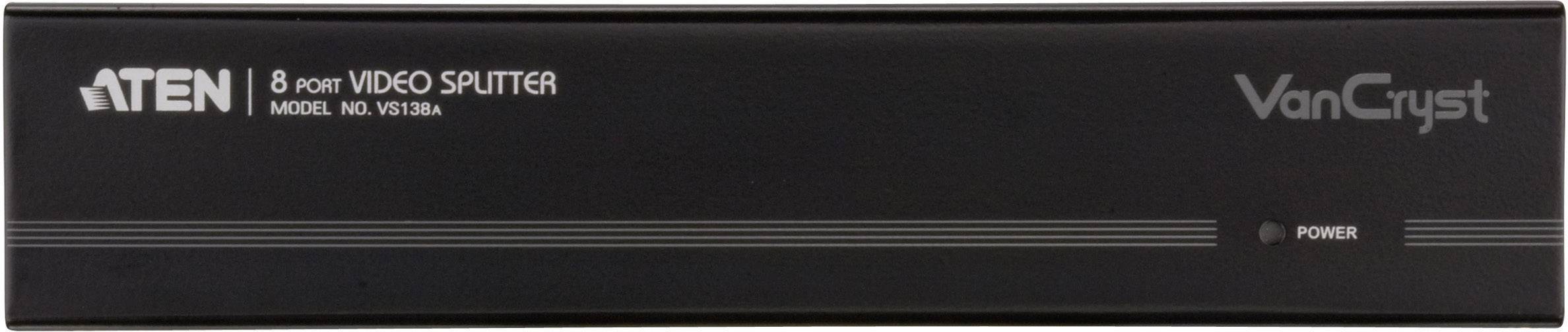 Zwarte ATEN 8-Poorts Video-Splitter, Model VS138A, met 'VanCryst'-opdruk en netschakelaar-LED.