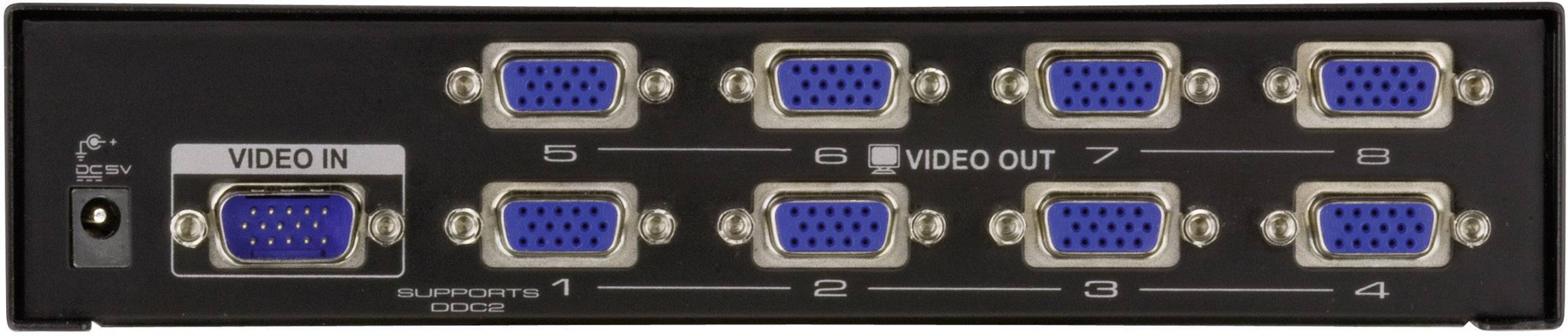 'Videosplitter met één video-ingang en acht video-uitgangen, genummerd van 1 tot 8, voor VGA-kabelverbindingen.'
