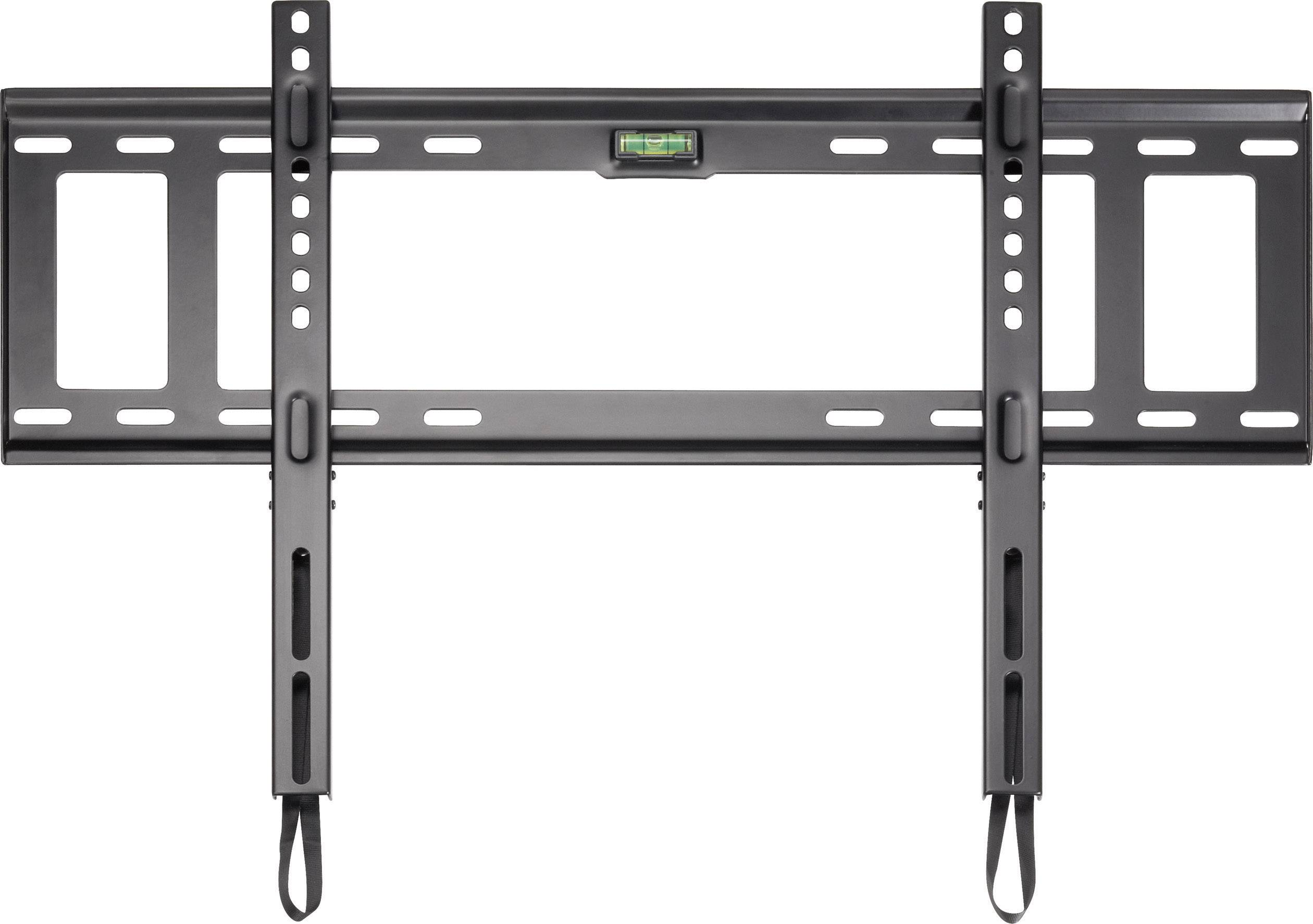 Tv-wandsteun met waterpas bovenaan voor eenvoudige montage, geschikt voor platte beeldschermen, zwart, rechthoekige metalen constructie.