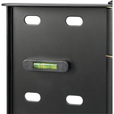 Een zwarte waterpas is bevestigd aan een metalen frame, met een horizontale luchtbel die aangeeft of het oppervlak waterpas is.