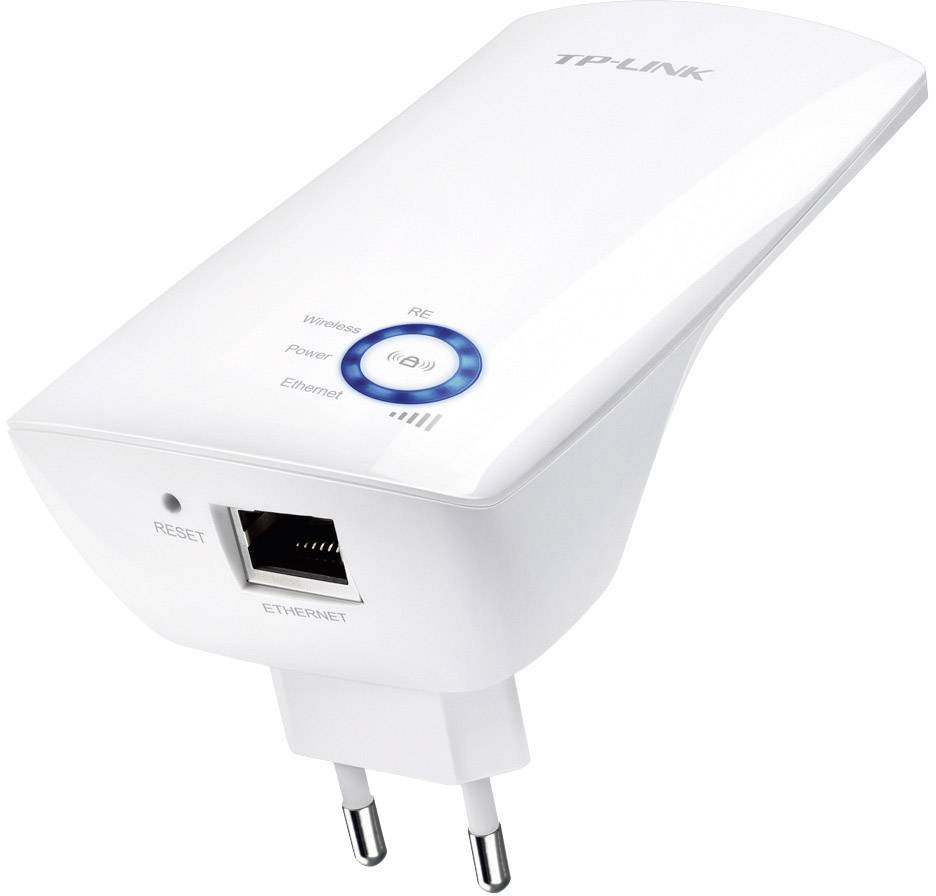 Een witte TP-Link WiFi-repeater met stopcontactaansluiting, LAN-poort en blauwe bedieningsknop voor het uitbreiden van het internetbereik.