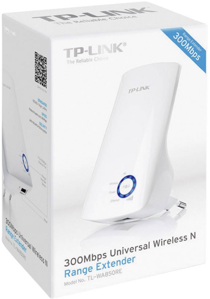 Een witte verpakking toont een TP-Link 300Mbps Universal Wireless N Range Extender, model TL-WA850RE, met productafbeelding.