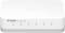 Witte D-Link netwerk-switch met vijf Ethernet-poorten, LED-indicatoren voor status en activiteit.