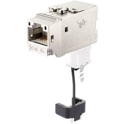 Gemetalliseerd RJ45-module, Cat. 6A, met geopende achterkant en zichtbare contactpinnen, geschikt voor netwerkverbindingen.