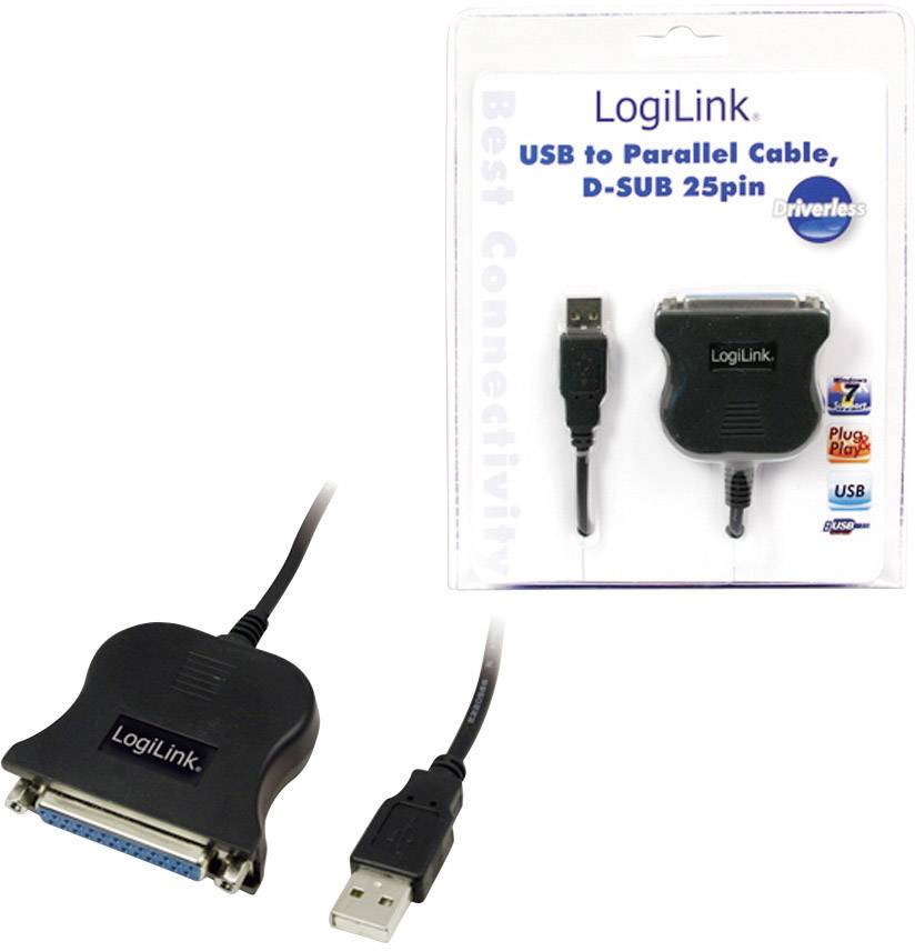 USB-naar-parallelle kabel van LogiLink. Verbindt USB met D-SUB 25-polig, compatibel met Windows en Plug & Play-geschikt.