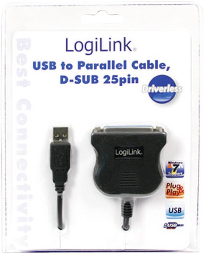 'USB-naar-parallelle kabel, D-SUB 25-pins van LogiLink', toont een adapter voor het aansluiten van USB-apparaten op parallelle interfaces.
