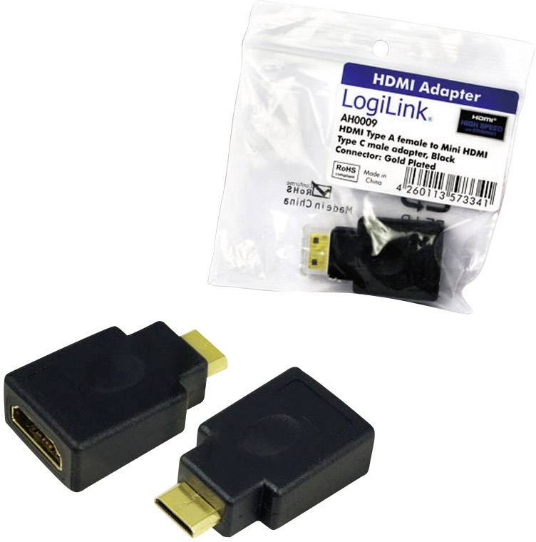 HDMI-adapter van LogiLink, type A naar Mini HDMI, gouden connector. Verpakking toont productdetails en streepjescode, twee adapters afgebeeld.