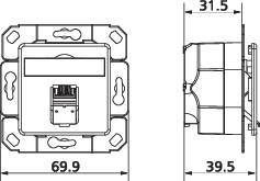 Technische tekening van een schakelaar met twee aanzichten: vooraanzicht en zijaanzicht met afmetingen van 55,5 mm breedte en 39,5 mm diepte.