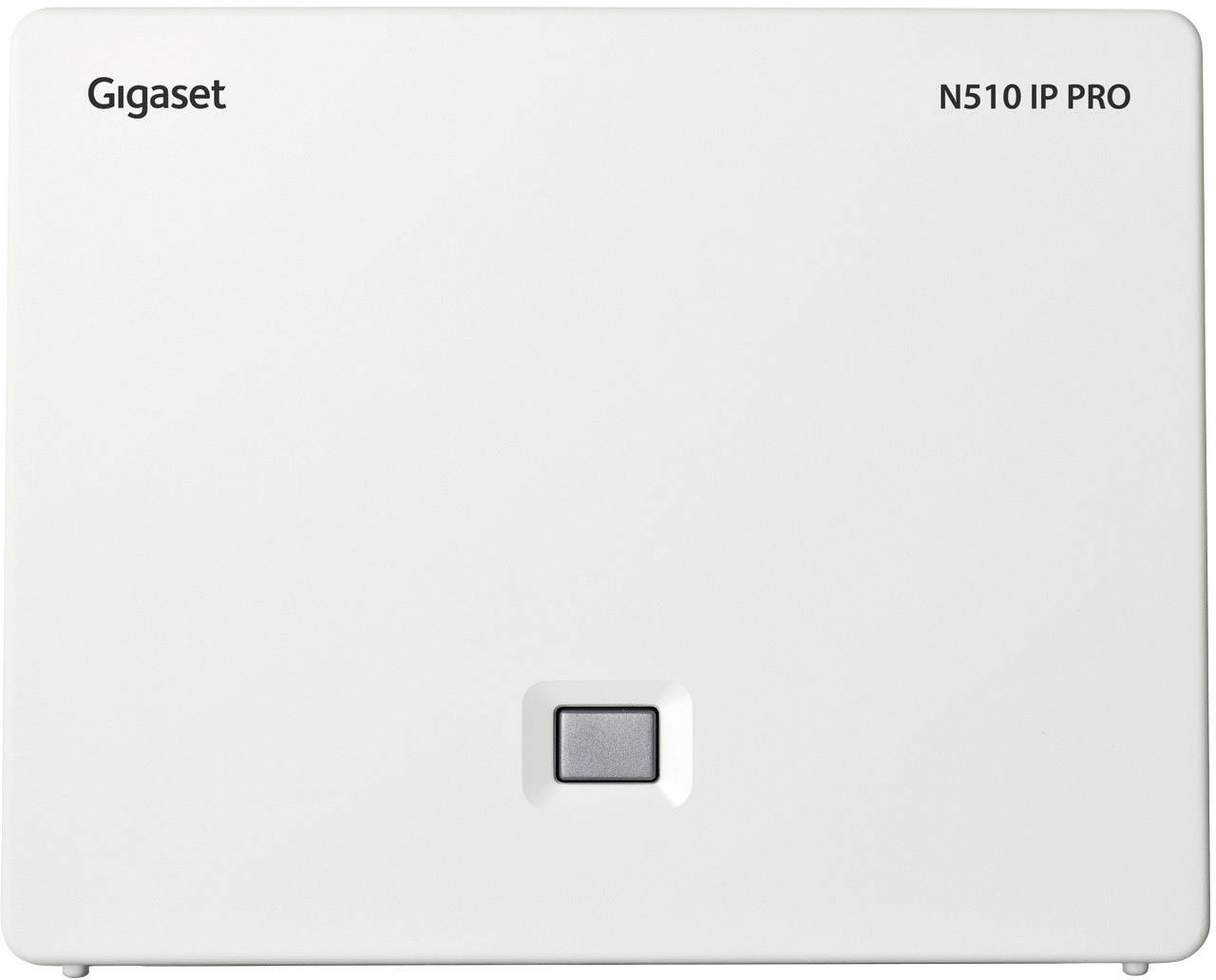 Witte Gigaset N510 IP PRO DECT-basisstation met zwarte knop in het midden; geschikt voor IP-telefonie in kantooromgevingen.