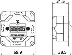 Technische tekening van een mechanische schakelaar met zij- en vooraanzicht. Afmetingen: 53,3 mm x 38,5 mm.