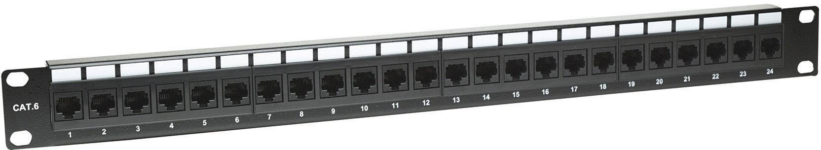 Patchpanel met 24 RJ45-poorten, genummerd van 1 tot 24, voor netwerkkabeling. Boven de poorten bevinden zich witte labelruimtes.