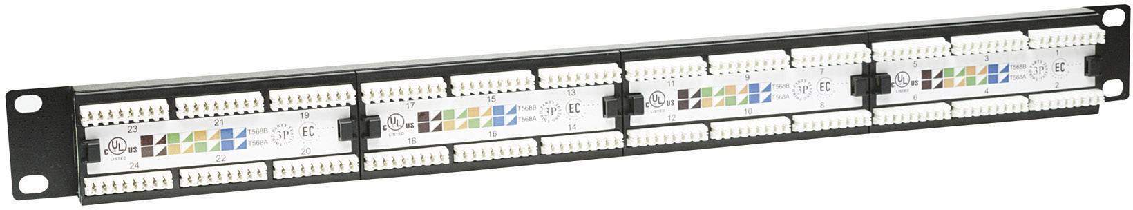 Een patchpanel met meerdere Ethernet-poorten, kleurgecodeerde kabels voor netwerkbeheer, monteerbaar in een serverrek.