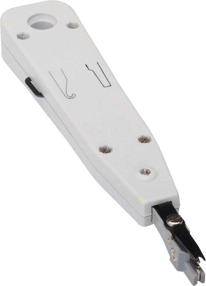 Gereedschap voor het invoeren van draden in verbindingselementen, met een mes aan één uiteinde, vaak gebruikt voor telefoon- of datakabels.