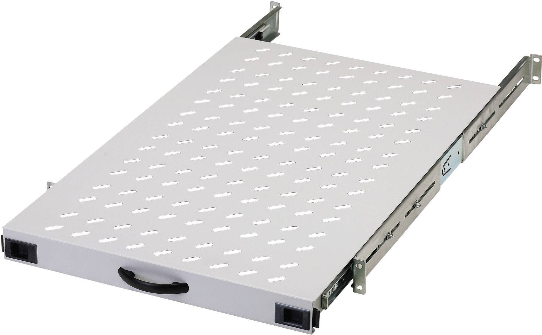 Een uittrekbare racklade met geventileerde metalen bodem en handgreep, gebruikt voor het monteren van IT-apparatuur in serverkasten.