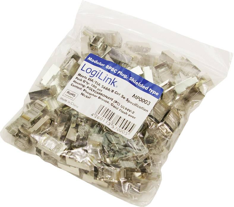 Plastic zak met meerdere RJ45-connectoren van het merk LogiLink, voorzien van specificaties en modelnummer.