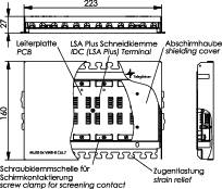 Principeschema van een elektronisch apparaat met meerdere aansluitingen en componenten. Technische details en afmetingen zijn genoteerd.