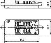 Tekening van een elektrische schakeling met afmetingen. Bovenaan: zijaanzicht; onderaan: bovenaanzicht met verschillende componenten en maten.