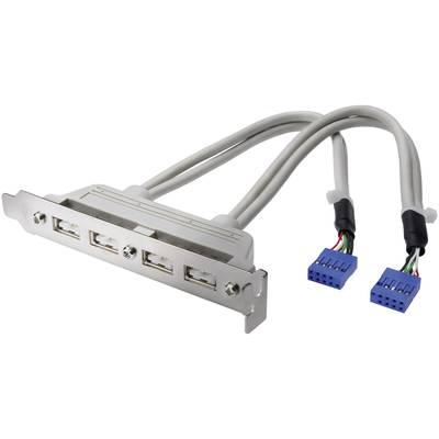 Metalen PC-uitbreidingskaart met drie USB-poorten en twee blauwe aansluitkabels voor interne verbinding.