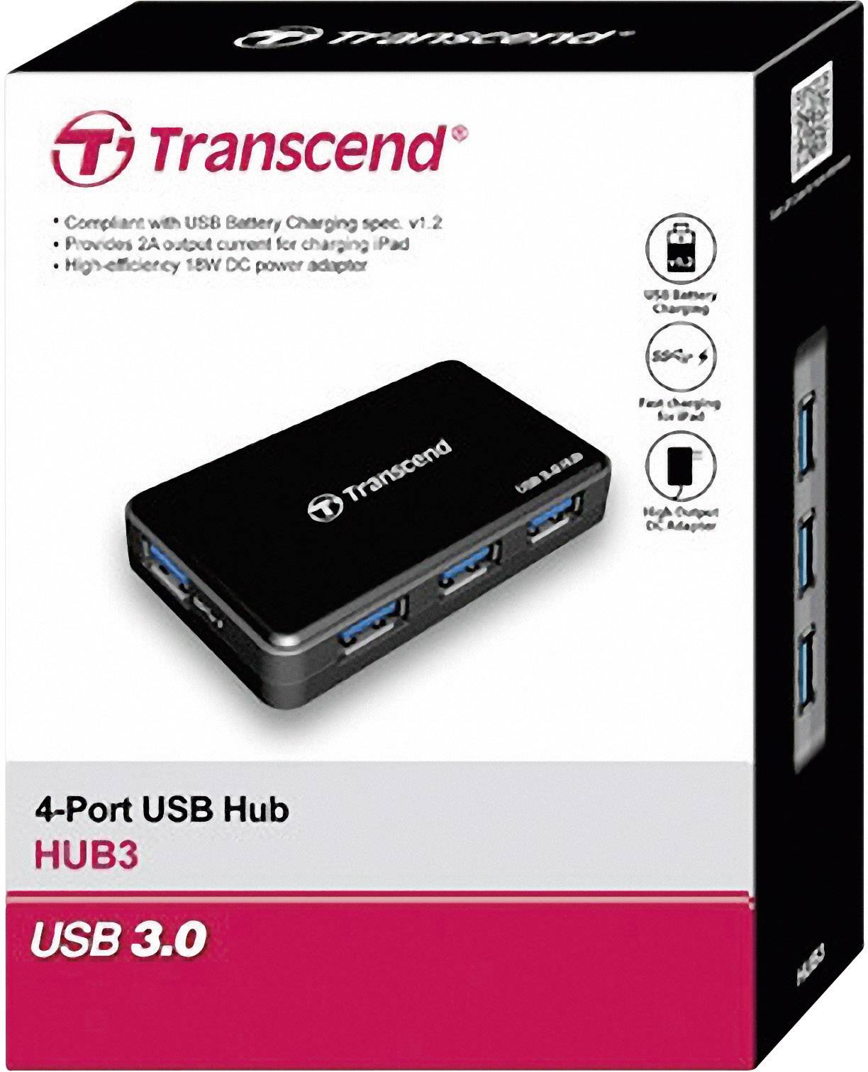 'Transcend 4-Poorts USB 3.0 Hub' in de doos. Kenmerken: USB-batterijlaadspecificatie 1.2, 2A laadstroom, 18W voedingsadapter vereist.