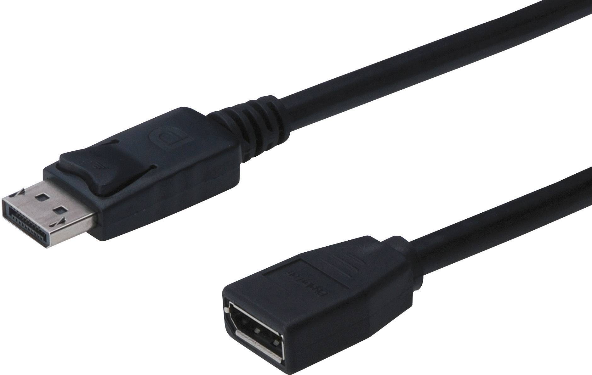 Een zwart DisplayPort-kabel met een stekker en een aansluiting. Het dient voor het verbinden van apparaten voor de overdracht van audio en video.