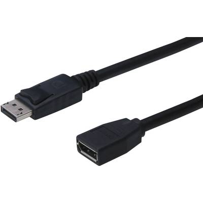 Een zwart DisplayPort-kabel met een stekker en een aansluiting. Het dient voor het verbinden van apparaten voor de overdracht van audio en video.