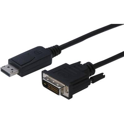 Een zwarte kabel met een DisplayPort-stekker links en een DVI-stekker rechts, voor het verbinden van apparaten met verschillende aansluitingen.