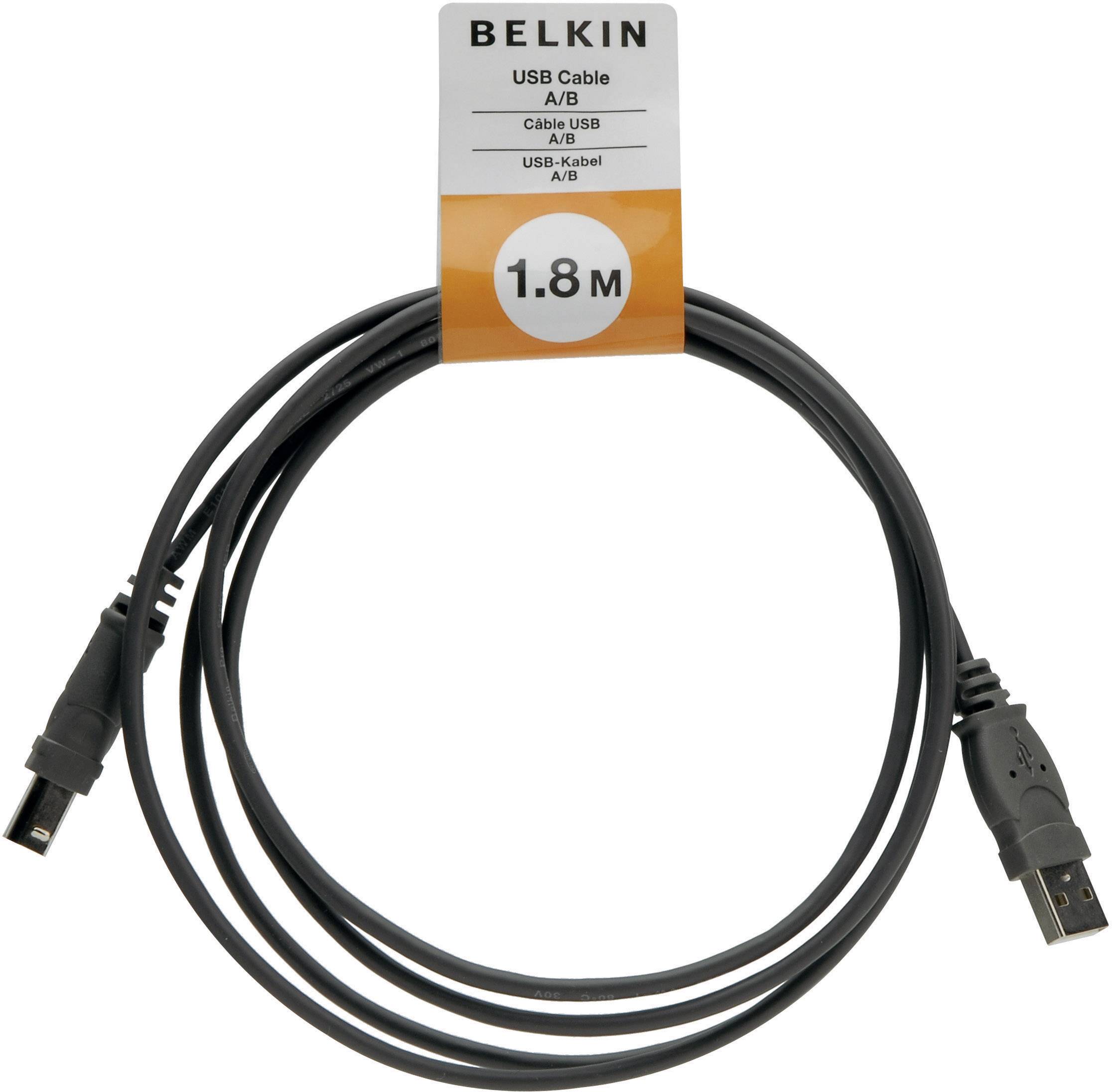 'Belkin USB-kabel, type A/B, 1,8 meter lang', afgebeeld als opgerolde kabel met verpakkingsetiket bovenop.