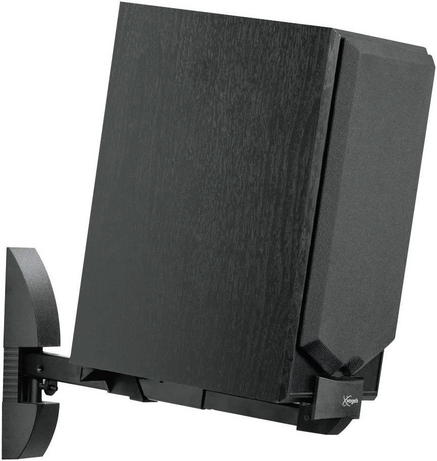 Een zwarte luidspreker in modern design, aan de muur bevestigd, licht naar beneden gericht.