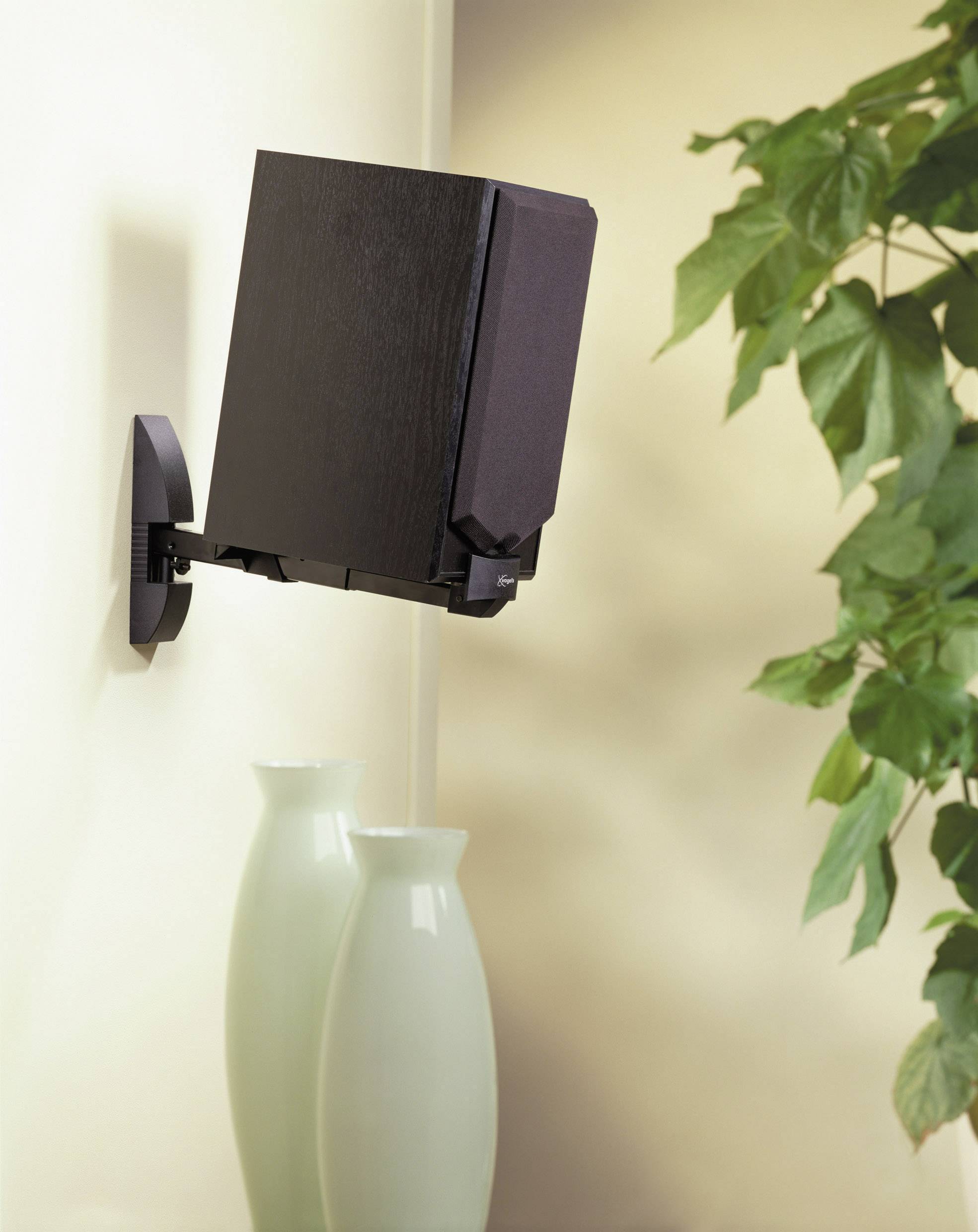 Kleine luidspreker aan een muur bevestigd, ernaast twee groene vazen en een plant.