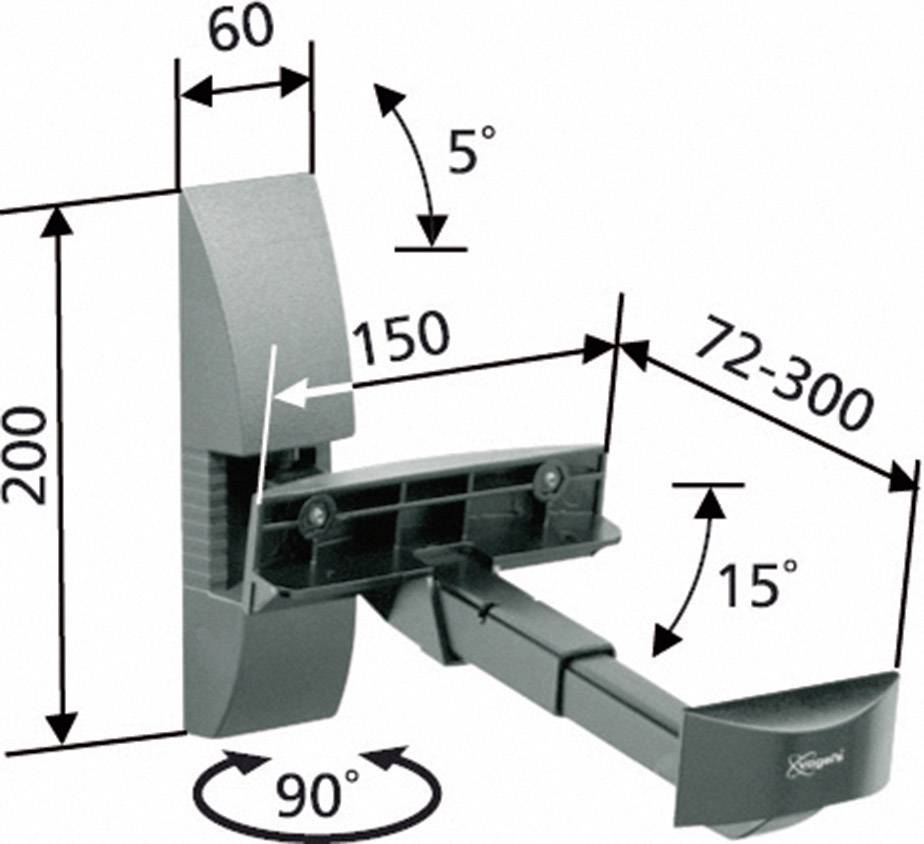 Afbeelding van een beweegbare scharnierende arm met afmetingen en hoeken: 60 mm, 150 mm, 72-300 mm, 200 mm. Hellingshoek: 5°, 15°.