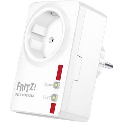 Een witte DECT-repeater van FRITZ! met stopcontact en twee statusindicatoren.