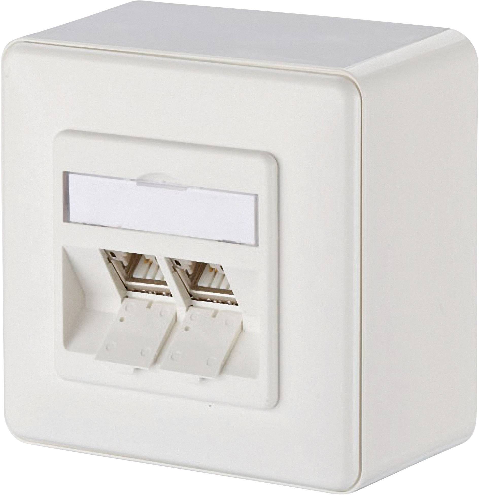 Witte wandcontactdoos met twee RJ45-poorten, geschikt voor Ethernet-verbindingen in kantoren of woningen.